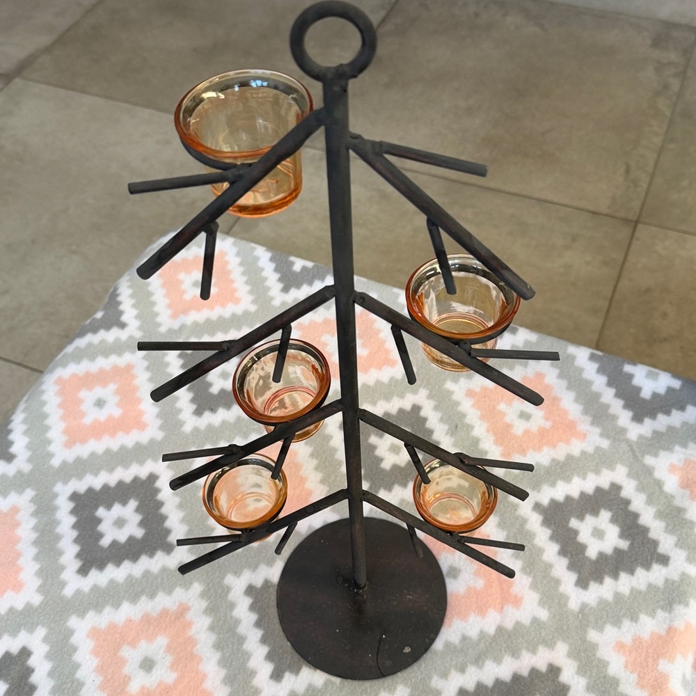 Black Metal Candle Holder Tree with Amber Glass Cups - Picture 7 of 7